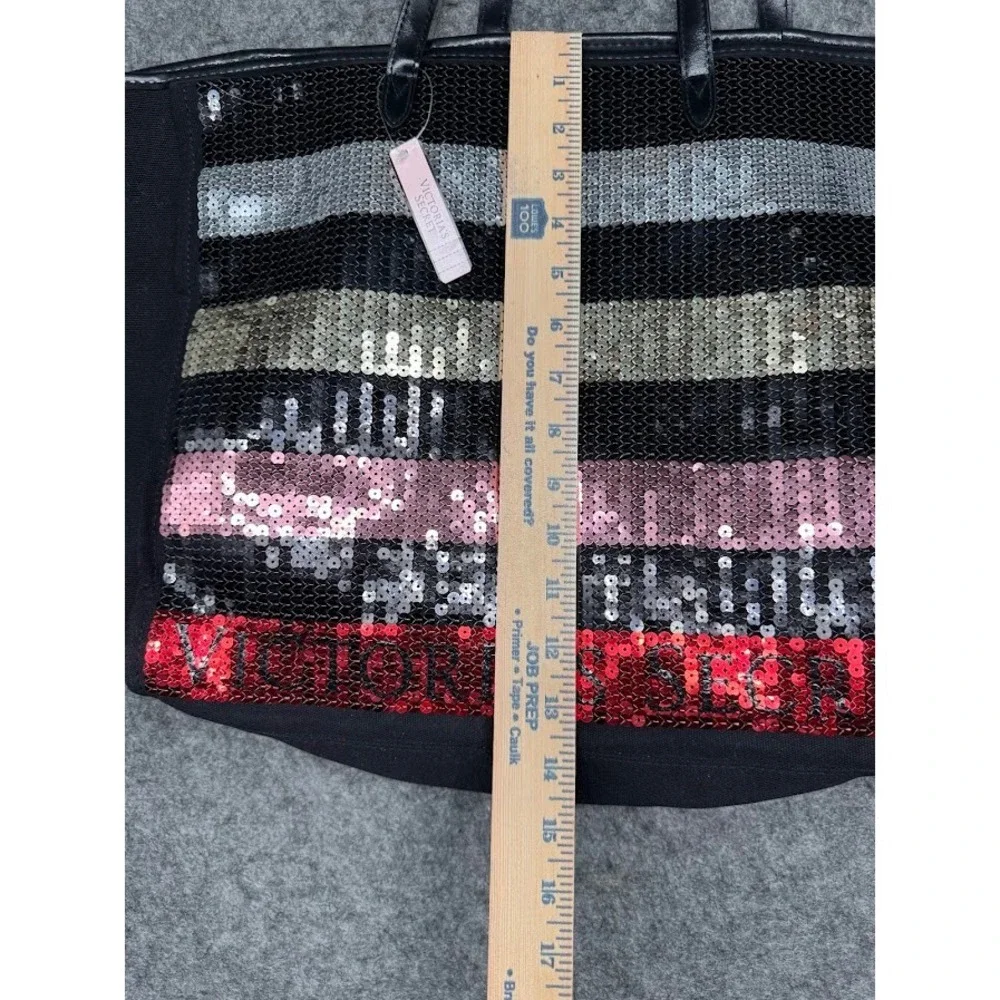 Victoria's Secret Sequin Stripe Canvas Tote Bag Black Multi Color Large NEW